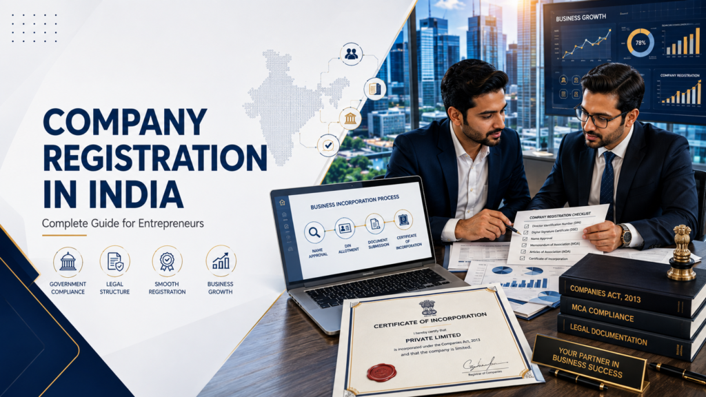 Company registration in India process guide showing business incorporation steps, documents, and compliance requirements