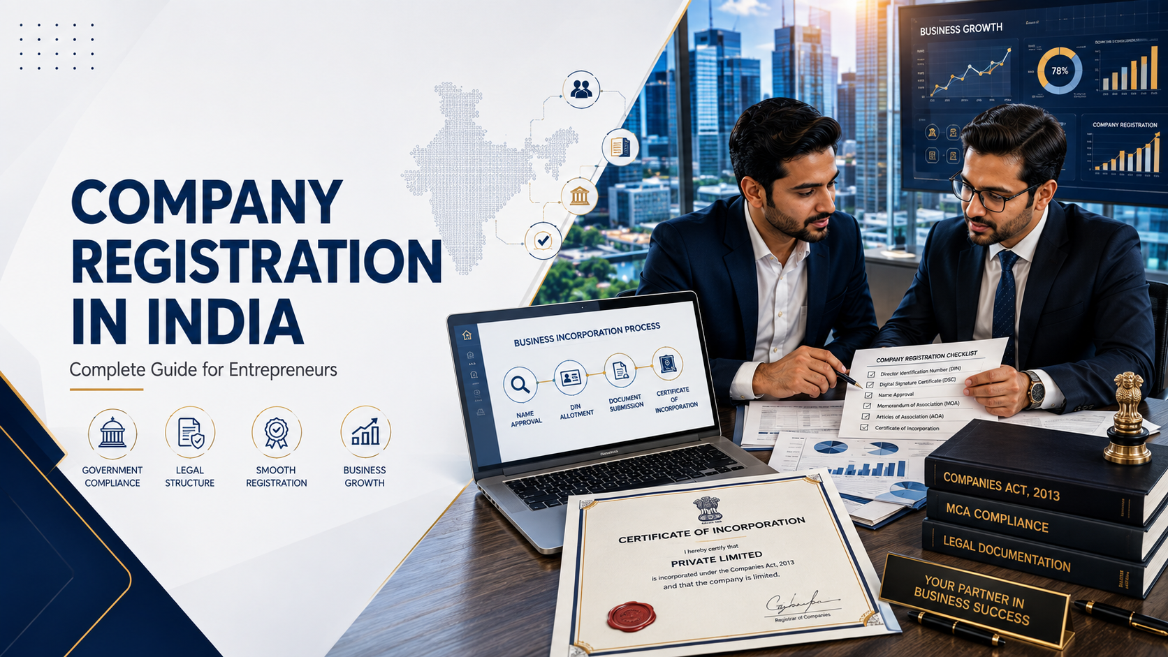 Company registration in India process guide showing business incorporation steps, documents, and compliance requirements